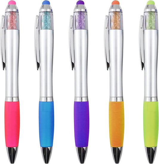 Stylus Pens 2-in-1 Ballpoint Pen 1.0mm Medium Point Pens with Crystals for Women Black Ink Pen with Stylus Ball Point Pen with Comfort Grip for The iPad, 5-Count