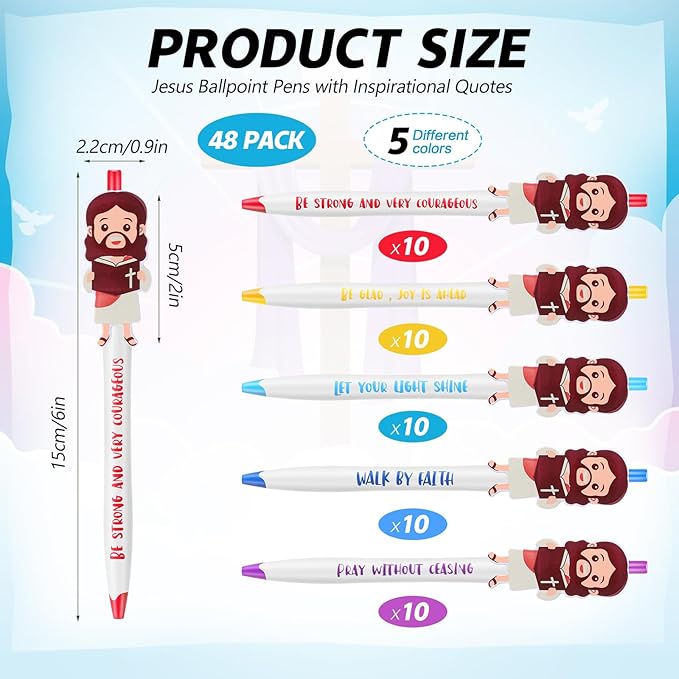 48 Pcs Christian Jesus Pens Bible Verse Pens for Kids Cute Jesus Ballpoint Pens with Inspirational Quotes Sunday Religious Pens for Classroom Prizes Church Christmas Easter Gift