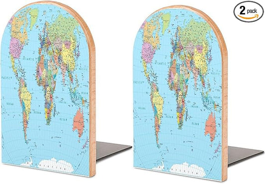 2 Pack Wood Bookends, World Map Blue Non-Skid Book Ends for Heave Books, Decorative Bookends for Shelves Desk, Book Stoppers Book Holders for Home Office Library School