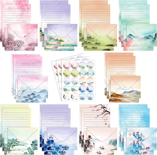TaoBary 160 Packs Stationery Paper Set (50 Double Sided Stationery Writing Papers 50 Matching Envelopes) 60 Round Dot Sticker, 10 Design(Ink Painting,5.5 x 8.25 Inch)