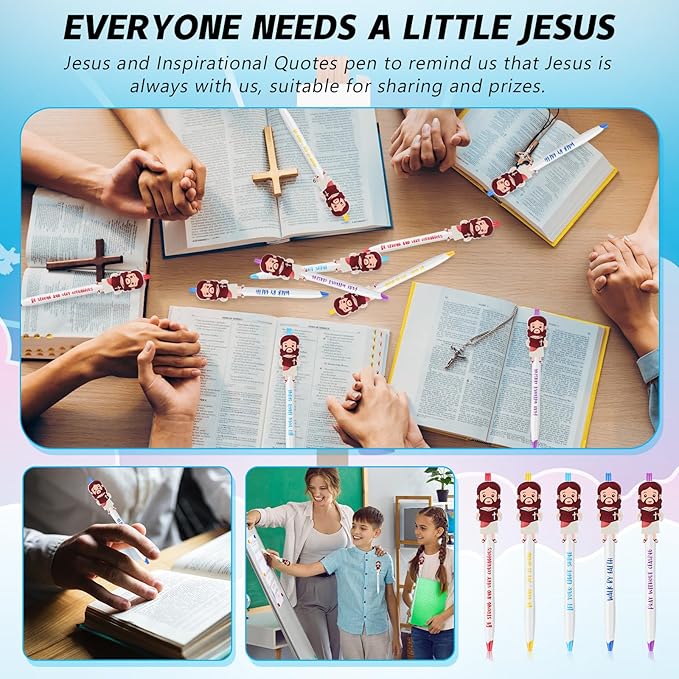 48 Pcs Christian Jesus Pens Bible Verse Pens for Kids Cute Jesus Ballpoint Pens with Inspirational Quotes Sunday Religious Pens for Classroom Prizes Church Christmas Easter Gift