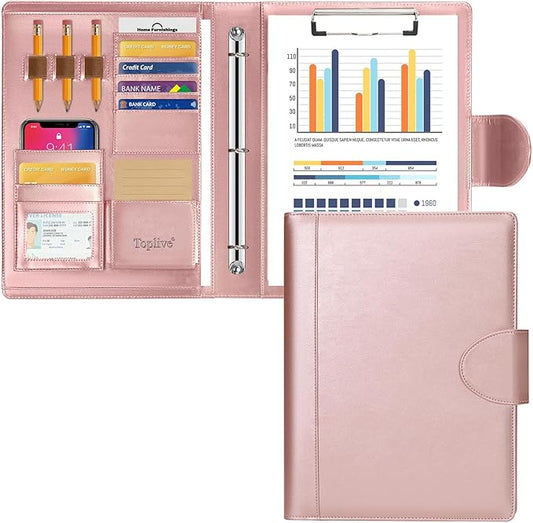 Toplive Portfolio 3 Ring Binder Padfolio Folder, Business Interview Resume Portfolio for Women Men A4/Letter Size Document Organizer with Clipboard Receipt Sleeve Card Holder, Rose Gold