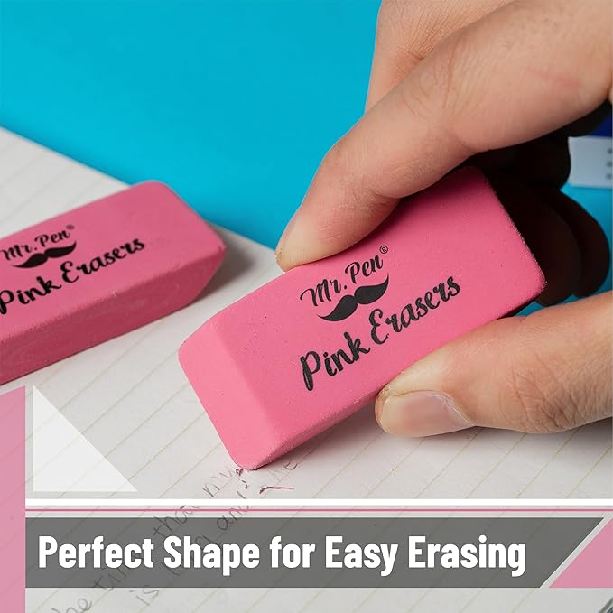 Mr. Pen Pink Pencil Erasers, Large, Pack of 12