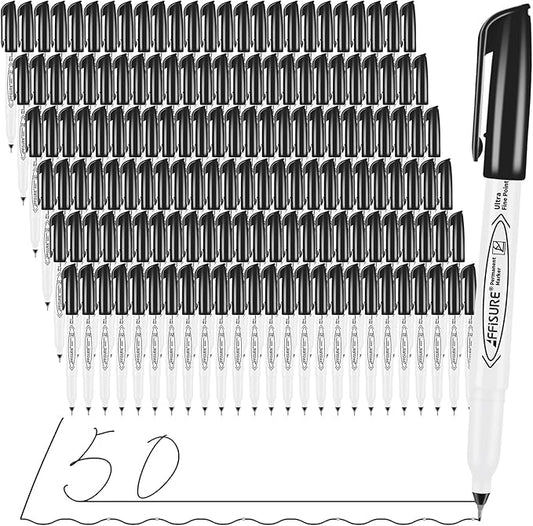 Permanent Markers, Ultra Fine Point, Black, 150 Count, 0.4mm, Fine tip permanent marker set, quick dry, waterproof, fading resists, durable, marks on paper, glass, ceramic, plastic, wood, rock, metal