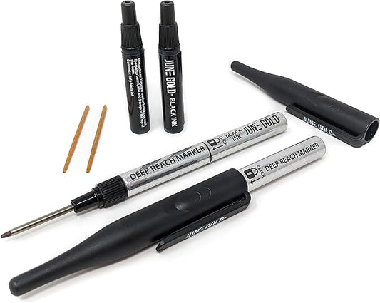 June Gold 2 Black Deep Reach Markers, 2 Ink Refill Bottles, 2 Tip Replacements, 30 mm Reach & 2 mm Felt Tip