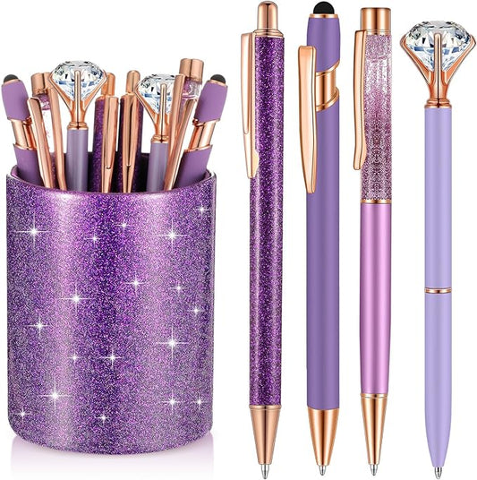 Sabary 8 Pcs Ballpoint Pens with Pen Holder for Desk Metal Crystal Diamond Pen Glitter Pencil Holder Fancy Pens Black Ink Bling Desk Organizer for Women Girls Office School Wedding Gifts (Violet)