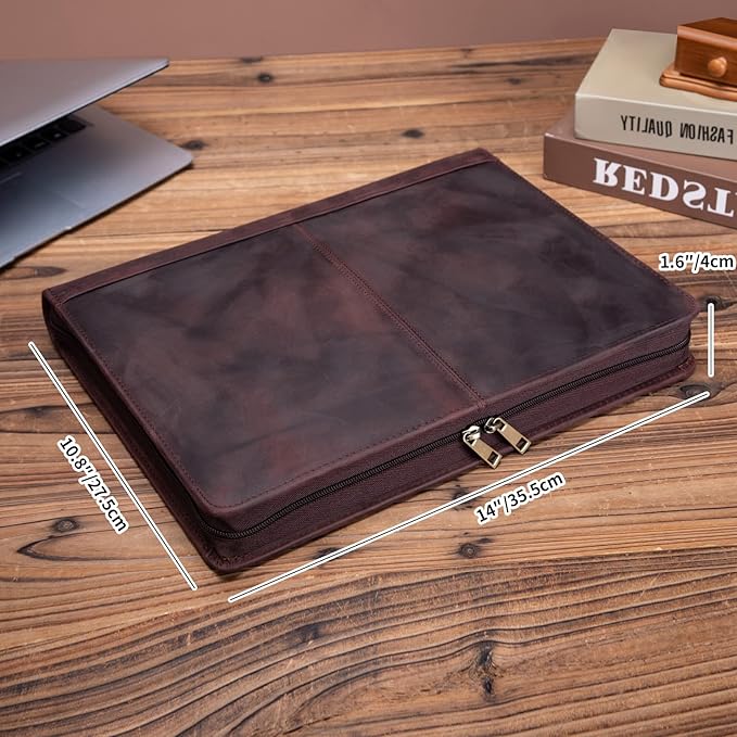 Genuine Leather Portfolio with 3 Ring Binder, Full Grain Leather Padfolio Zippered, A4 Notebook Holder Laptop Sleeve Professional Folder Organizer Gift for Men and Women, Dark Brown