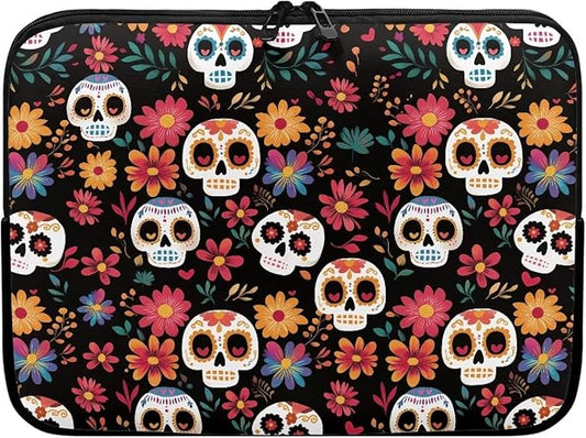 Skull Printed Computer Carrying Cover with Floral Print Laptop Case Bag Easy to Carry Computer Bag, 12 Inch Lightweight Laptop Briefcase Messenger Bag for Women