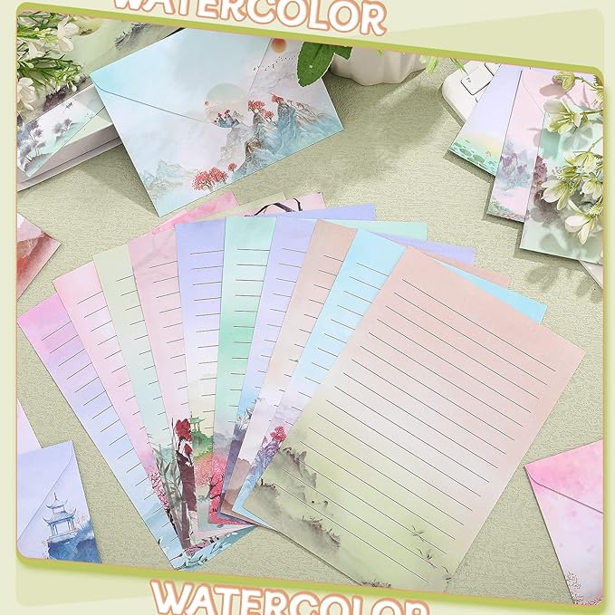 TaoBary 160 Packs Stationery Paper Set (50 Double Sided Stationery Writing Papers 50 Matching Envelopes) 60 Round Dot Sticker, 10 Design(Ink Painting,5.5 x 8.25 Inch)