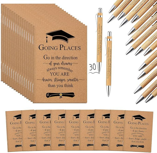 Kosiz 60 Pcs Graduation Gifts Motivational Mini Journal Inspirational Bamboo Pen Kraft Notebooks Bulk Wooden Retractable Ballpoint Pen for Class of 2025 College Gifts (Wooden)