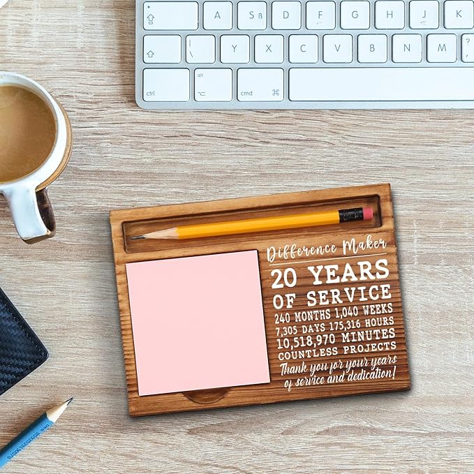 20th Work Anniversary Sticky Note Holder, Thank You Appreciation 20 Year Work Anniversary Decor Gifts for Women, Employee, Him, Her, Happy 20th Work Anniversary Self-Stick Note Pad Holders GSH27